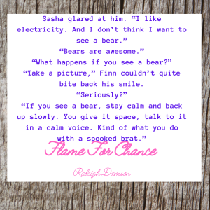 Quote from Flame For Chance by Raleigh Damson, on a wood panel background and a white text box in purple font.